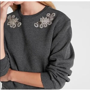 Express Dark Gray Embellished Crewneck Sweatshirt Rhinestone Beaded Size M